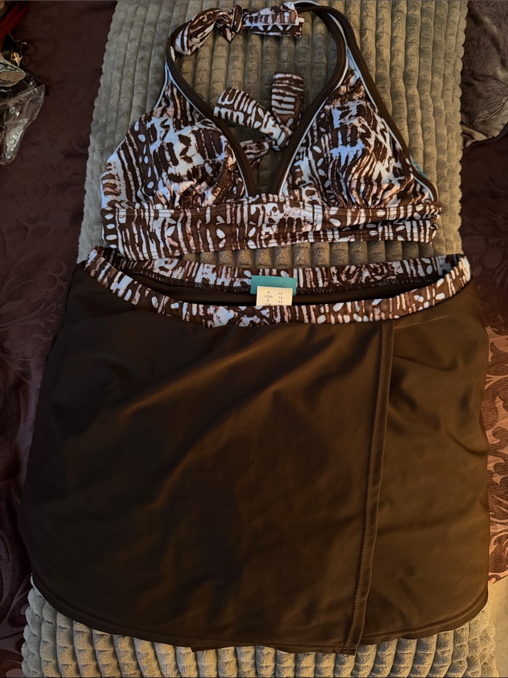Gottex Brown and White Patterned Halter Swim Skirt Set